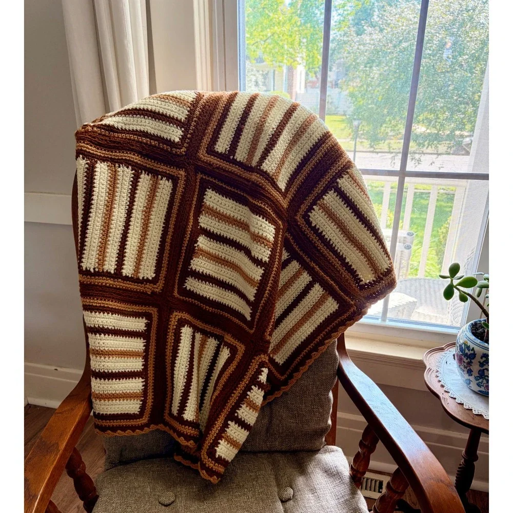 Vintage Handmade Crochet Patchwork Throw Blanket Brown Cream Geometric 41x31